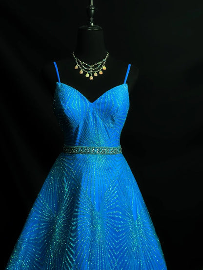 Vintage 70s Prom Dresses Ball Gown Spaghetti Strap Blue Sequin Long Party Gown Formal Outfits RB6006