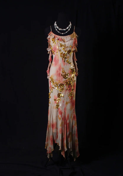 Elegantes Ballkleid im Stil der 1950er Jahre, Meerjungfrauen-Stil, Spaghettiträger, Chiffon mit goldenen Perlen, langes Partykleid, Abendkleid AS206