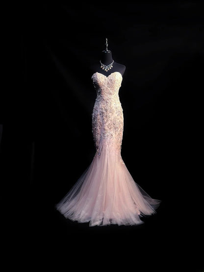 Vintage 80s Prom Dresses Mermaid Sweetheart Pink Tulle Lace With Beaded Bodice Long Party Gown Formal Outfits RB6007
