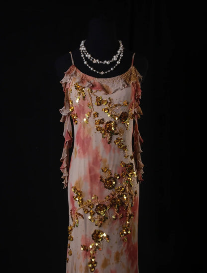 Elegantes Ballkleid im Stil der 1950er Jahre, Meerjungfrauen-Stil, Spaghettiträger, Chiffon mit goldenen Perlen, langes Partykleid, Abendkleid AS206