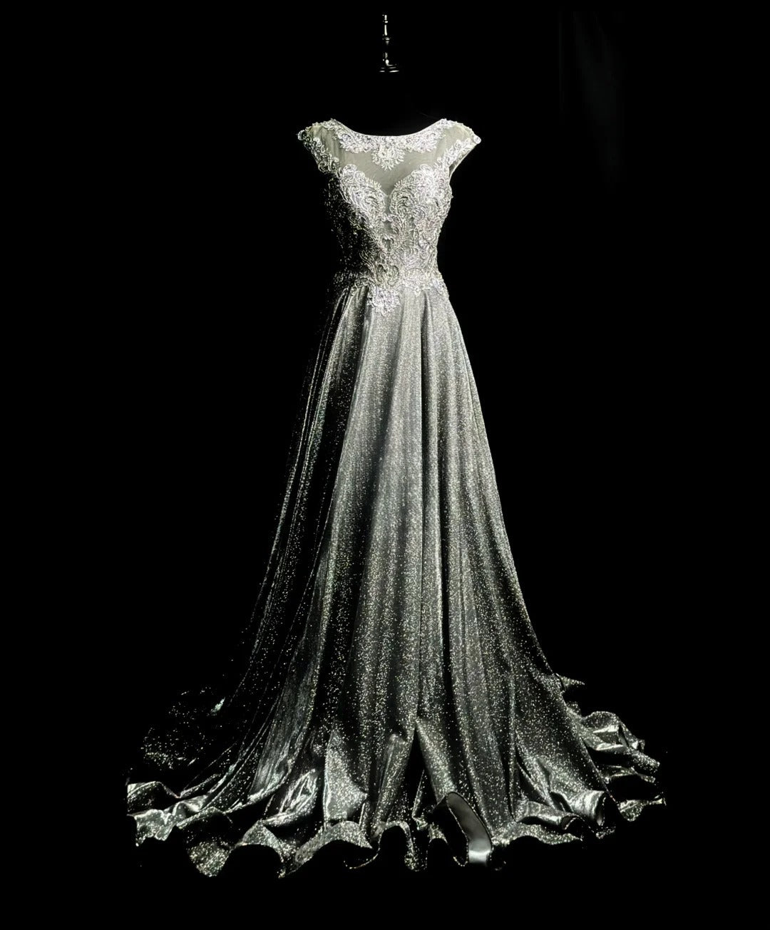 Sparkly Prom Dresses A line Scoop Grey Sequin With Beads Crystals Sleeveless Long Formal Outfits RB6008