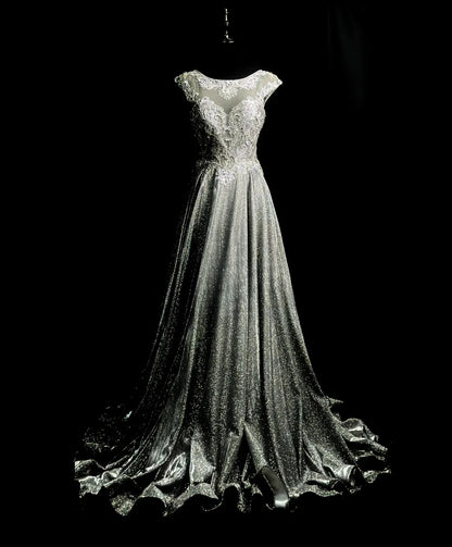 Sparkly Prom Dresses A line Scoop Grey Sequin With Beads Crystals Sleeveless Long Formal Outfits RB6008