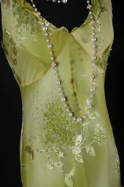 Robe de bal élégante années 1950, coupe sirène, col en V, en mousseline verte à fleurs, robe de soirée longue AS207