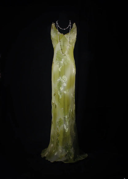 Robe de bal élégante années 1950, coupe sirène, col en V, en mousseline verte à fleurs, robe de soirée longue AS207