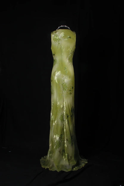 Robe de bal élégante années 1950, coupe sirène, col en V, en mousseline verte à fleurs, robe de soirée longue AS207