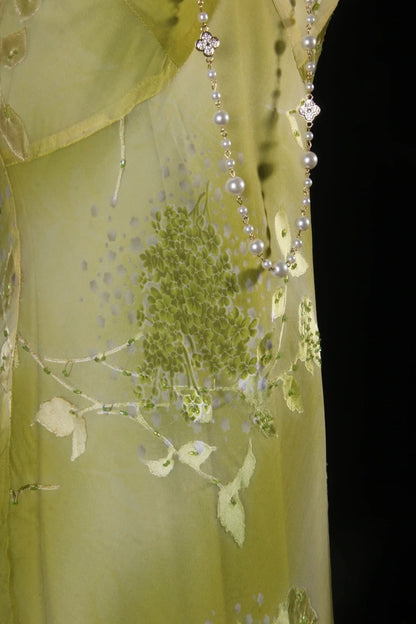 Robe de bal élégante années 1950, coupe sirène, col en V, en mousseline verte à fleurs, robe de soirée longue AS207