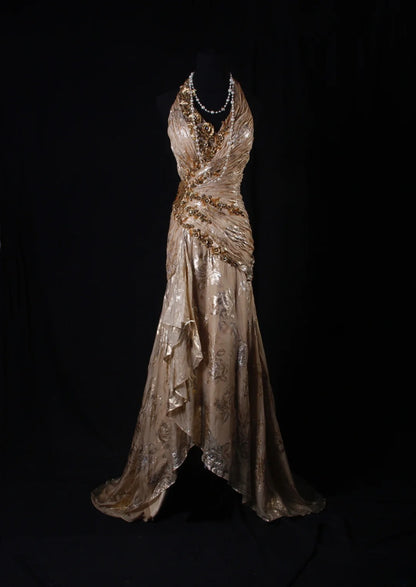 Robe de bal élégante années 1950, sirène, décolleté en V, mousseline imprimée ornée de fleurs et de perles, robe de soirée longue vintage AS208