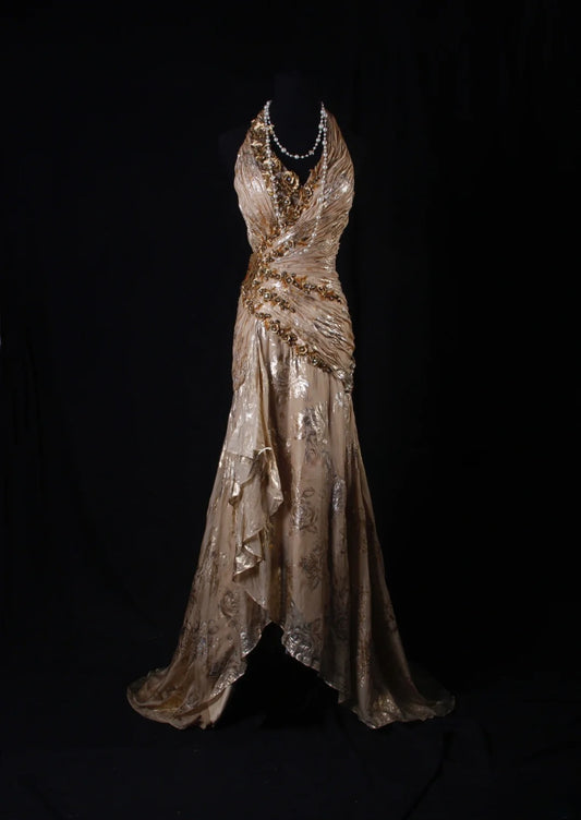 Robe de bal élégante années 1950, sirène, décolleté en V, mousseline imprimée ornée de fleurs et de perles, robe de soirée longue vintage AS208