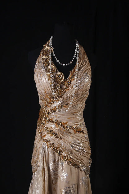 Robe de bal élégante années 1950, sirène, décolleté en V, mousseline imprimée ornée de fleurs et de perles, robe de soirée longue vintage AS208