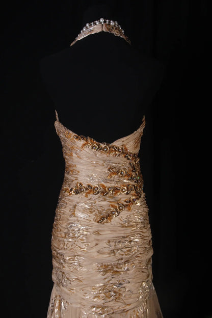 Robe de bal élégante années 1950, sirène, décolleté en V, mousseline imprimée ornée de fleurs et de perles, robe de soirée longue vintage AS208