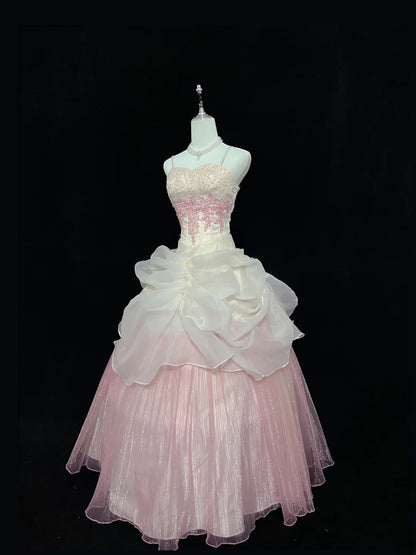 Beautiful Ball Gown Spaghetti Strap Pink Tulle With Appliqued Lace Prom Dress Formal Outfits Party Dresses RB7609