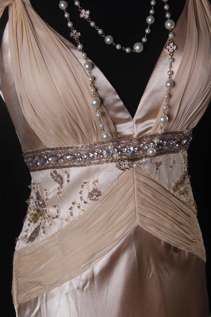 Elegantes Ballkleid im Stil der 1950er Jahre, A-Linie, V-Ausschnitt, champagnerfarbener Chiffon mit Perlenstickerei, langes Vintage-Abendkleid AS210