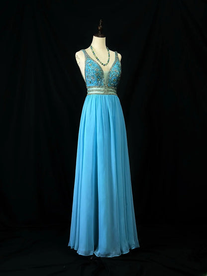 Vintage 70s Prom Dresses A Line V Neck Chiffon Blue With Beading Long Party Gown Formal Outfits RB6011