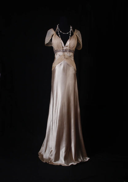 Elegantes Ballkleid im Stil der 1950er Jahre, A-Linie, V-Ausschnitt, champagnerfarbener Chiffon mit Perlenstickerei, langes Vintage-Abendkleid AS210