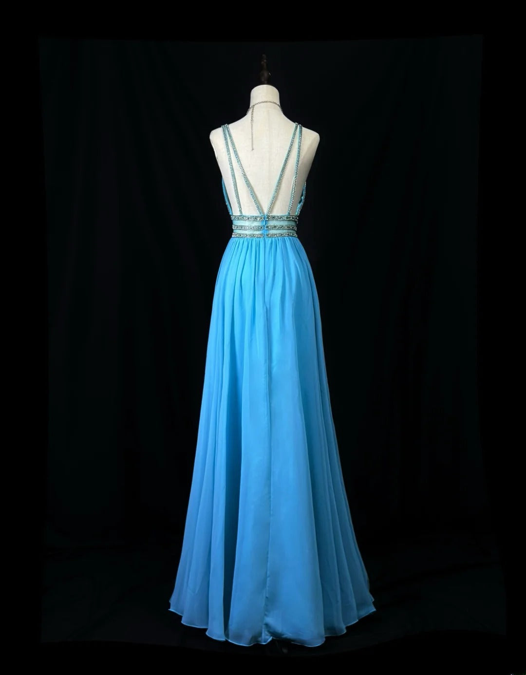 Vintage 70s Prom Dresses A Line V Neck Chiffon Blue With Beading Long Party Gown Formal Outfits RB6011