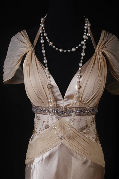 Elegantes Ballkleid im Stil der 1950er Jahre, A-Linie, V-Ausschnitt, champagnerfarbener Chiffon mit Perlenstickerei, langes Vintage-Abendkleid AS210