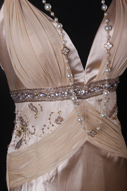 Elegantes Ballkleid im Stil der 1950er Jahre, A-Linie, V-Ausschnitt, champagnerfarbener Chiffon mit Perlenstickerei, langes Vintage-Abendkleid AS210