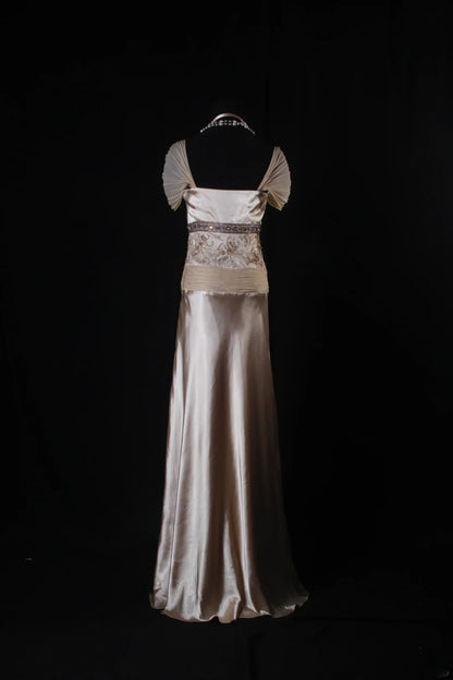 Elegantes Ballkleid im Stil der 1950er Jahre, A-Linie, V-Ausschnitt, champagnerfarbener Chiffon mit Perlenstickerei, langes Vintage-Abendkleid AS210