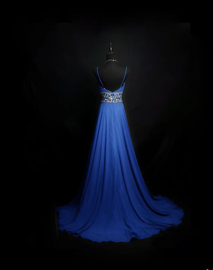 Vintage 70s Prom Dresses A Line Spaghetti Strap Royal Blue Chiffon With Beading Long Party Gown Formal Outfits RB6012