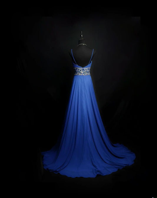 Vintage 70s Prom Dresses A Line Spaghetti Strap Royal Blue Chiffon With Beading Long Party Gown Formal Outfits RB6012