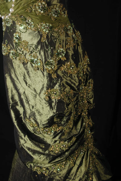 Meerjungfrauen-Kleid im Vintage-Stil der 1950er Jahre, olivgrüner Taft mit Perlen, langes, formelles Ballkleid, Abendkleid, Partykleid AS211