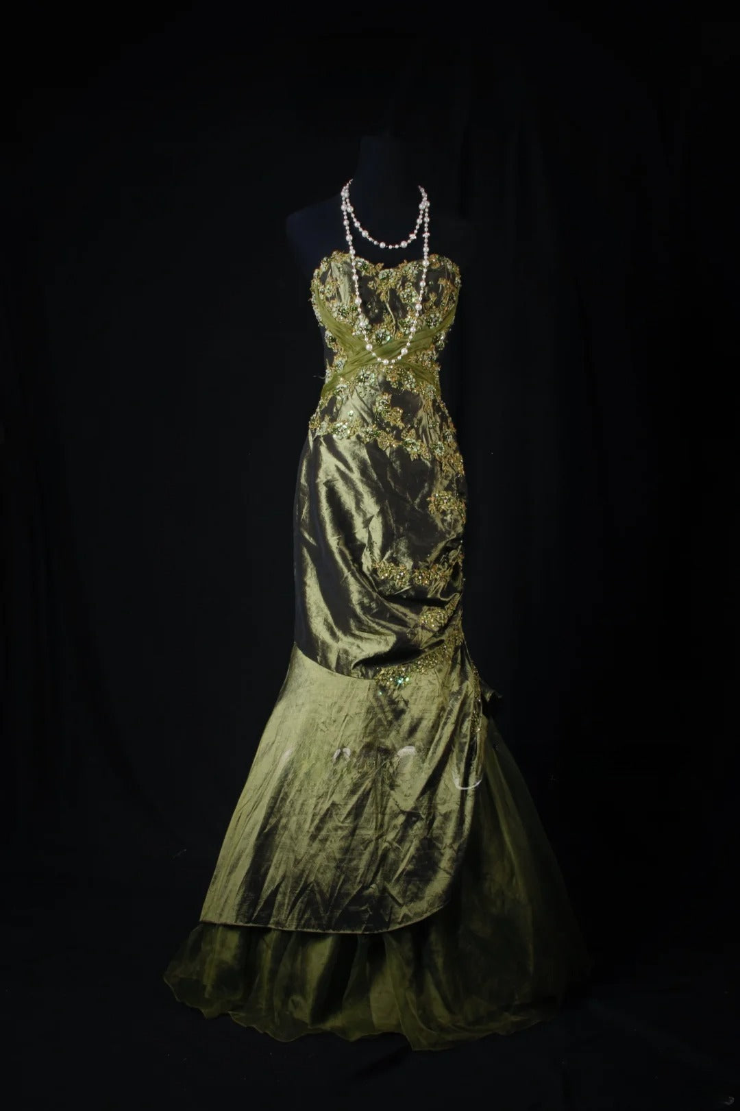 Meerjungfrauen-Kleid im Vintage-Stil der 1950er Jahre, olivgrüner Taft mit Perlen, langes, formelles Ballkleid, Abendkleid, Partykleid AS211
