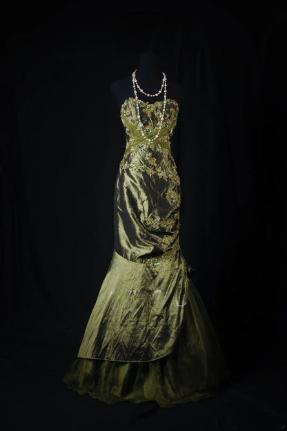 Meerjungfrauen-Kleid im Vintage-Stil der 1950er Jahre, olivgrüner Taft mit Perlen, langes, formelles Ballkleid, Abendkleid, Partykleid AS211