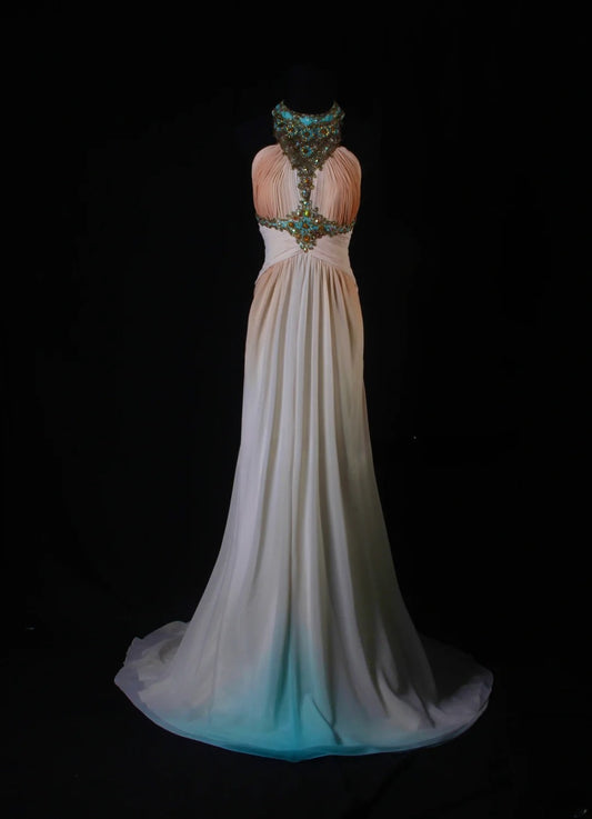 Robe de bal élégante années 1950, coupe trapèze, dos nu, en mousseline multicolore ornée de perles, style vintage, longue robe de soirée AS212