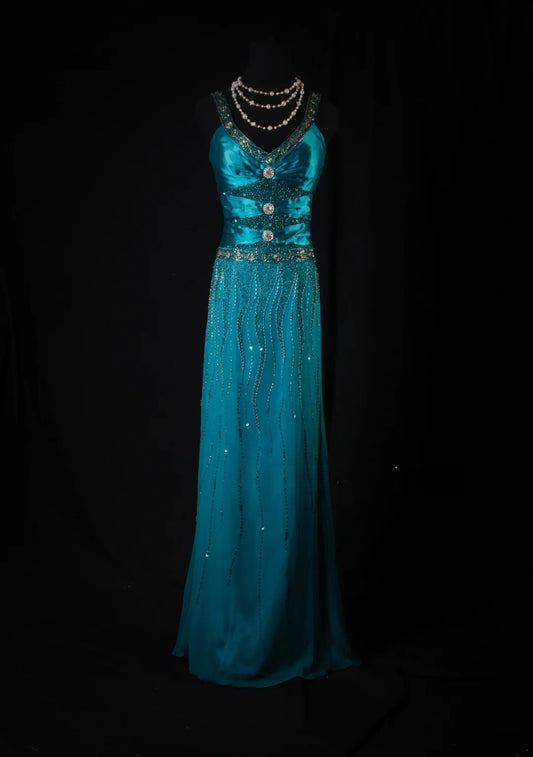 Robe de bal élégante années 1950, coupe trapèze, col en V, bleue ornée de perles et de pierres précieuses, robe de soirée longue vintage AS214