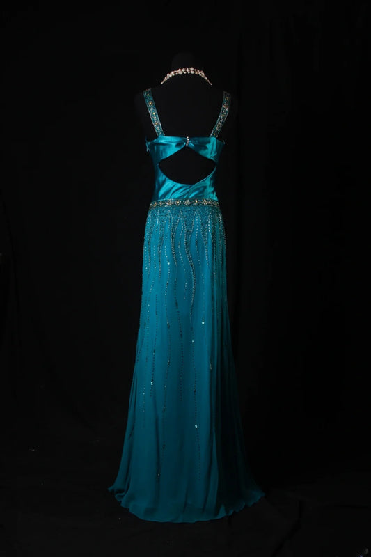 Robe de bal élégante années 1950, coupe trapèze, col en V, bleue ornée de perles et de pierres précieuses, robe de soirée longue vintage AS214