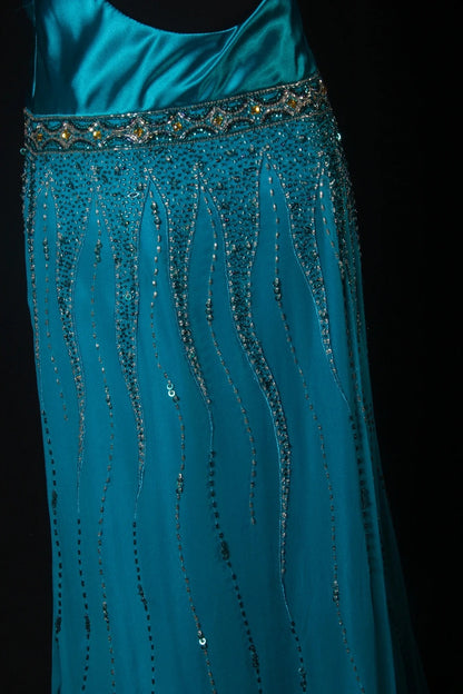 Robe de bal élégante années 1950, coupe trapèze, col en V, bleue ornée de perles et de pierres précieuses, robe de soirée longue vintage AS214