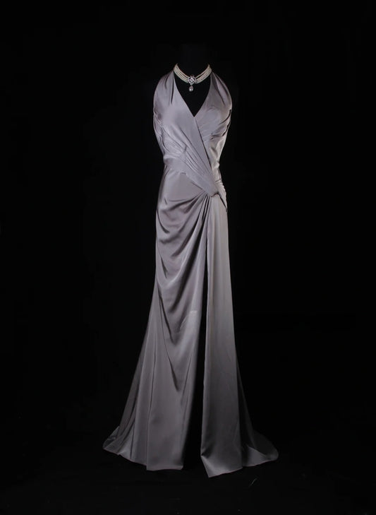 Simple Mermaid V Neck Gray Satin With Pleated Long Bridesmaid Dresses AS218