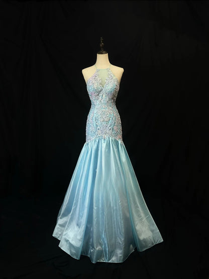 Beautiful Prom Dresses Mermaid Halter Light Sky Blue With Lace Appliqued Long Formal Outfits RB6019