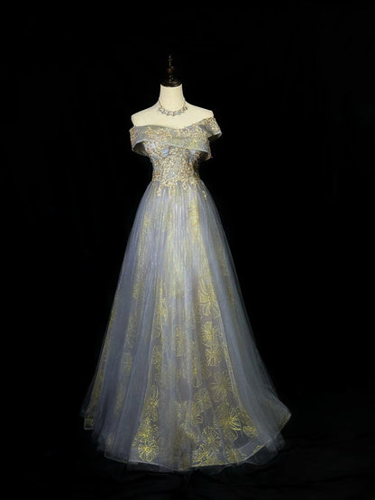Modest Prom Dresses A Line Off The Shoulder Gold Lace With Sleeves Sequin Long Formal Outfits RB6020