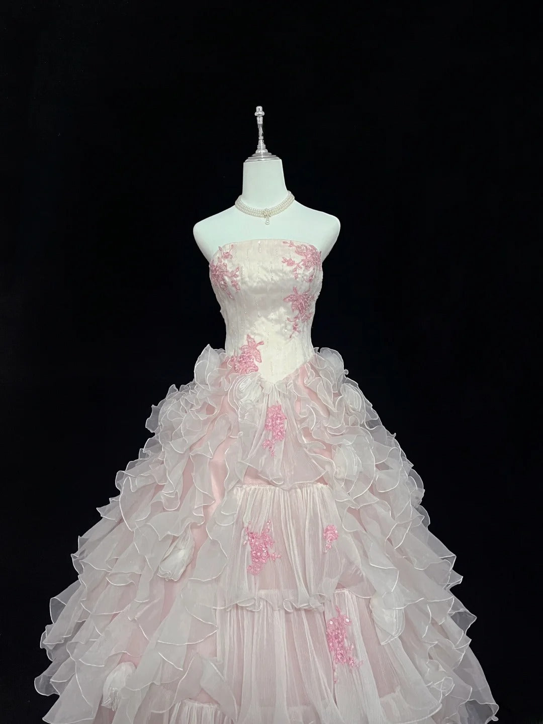 Dreamy Ball Gowns Strapless Pink With Tiered Layers Tulle Long Prom Dresses Senior Puffy Sweet 16 Sixteen Outfit Vestido de 15 RB7620