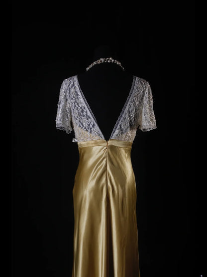 Vintage Sheath V Neck Short Sleeves With Lace Long Formal Old 1950s Prom Dresses Night Outfits Party Gowns AS220