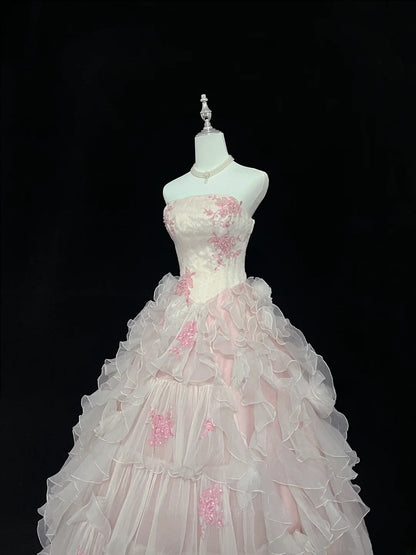 Dreamy Ball Gowns Strapless Pink With Tiered Layers Tulle Long Prom Dresses Senior Puffy Sweet 16 Sixteen Outfit Vestido de 15 RB7620