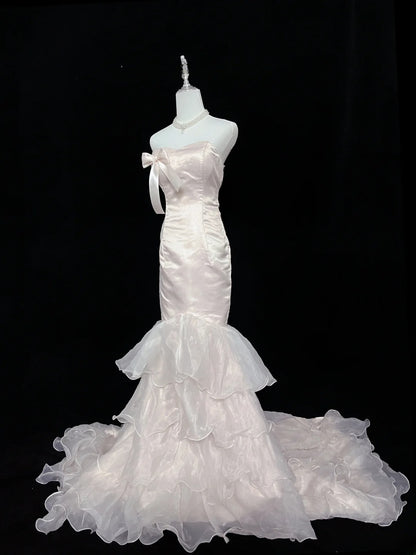 Beautiful Mermaid Strapless Pink With Tiered Layers Prom Dress Formal Outfits Evening Night Dresses RB7621