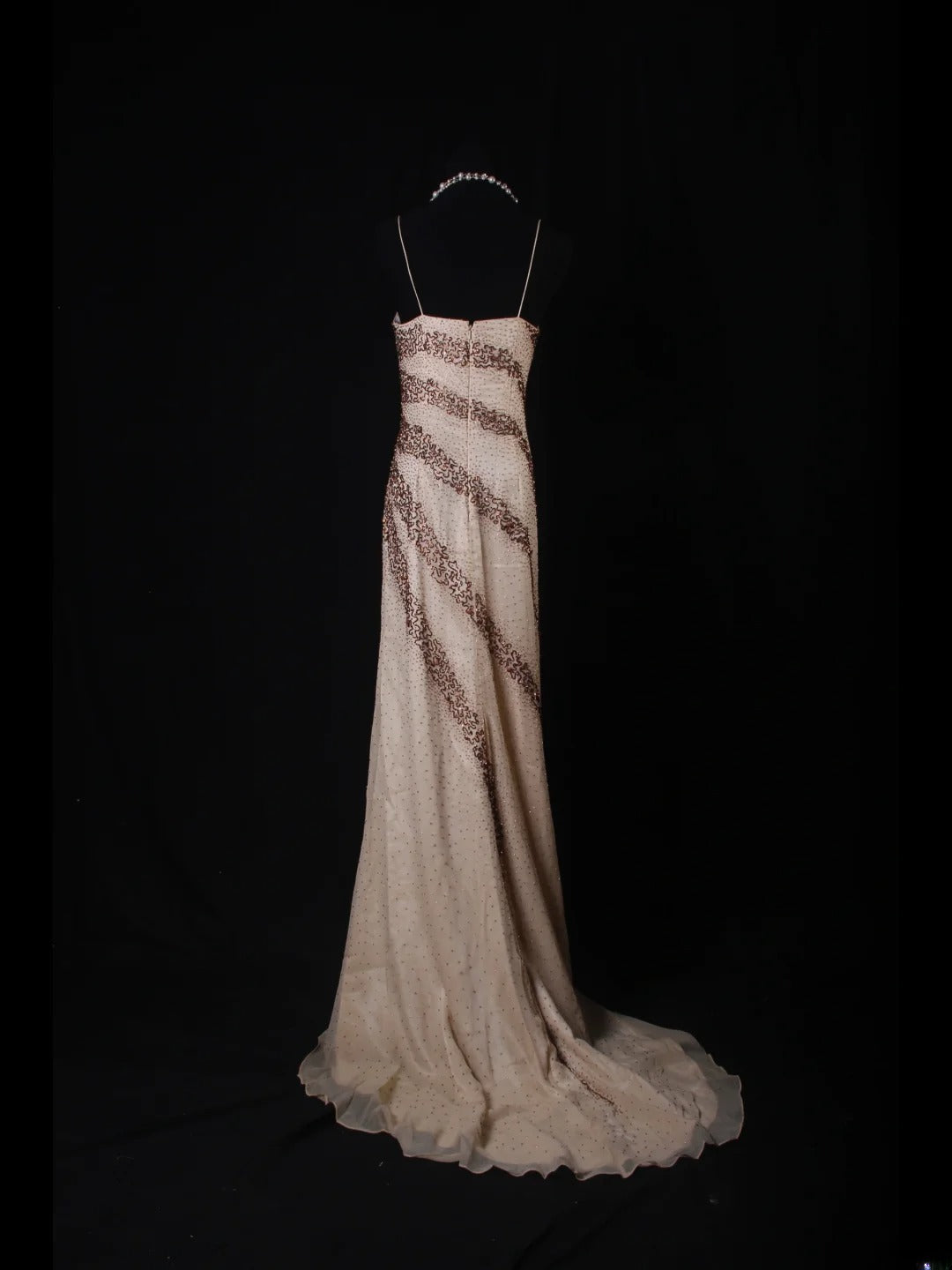 Vintage A-Linien-Kleid mit Spaghettiträgern aus champagnerfarbenem Chiffon, langes, formelles Abendkleid im Stil der 1950er Jahre, AS223