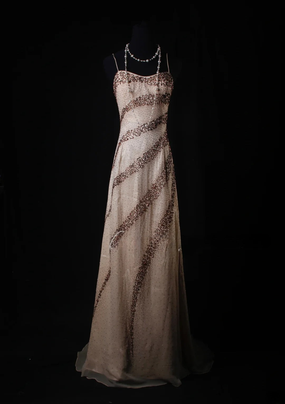 Vintage A-Linien-Kleid mit Spaghettiträgern aus champagnerfarbenem Chiffon, langes, formelles Abendkleid im Stil der 1950er Jahre, AS223