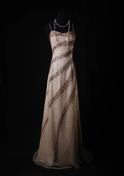 Vintage A-Linien-Kleid mit Spaghettiträgern aus champagnerfarbenem Chiffon, langes, formelles Abendkleid im Stil der 1950er Jahre, AS223