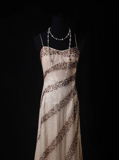 Vintage A-Linien-Kleid mit Spaghettiträgern aus champagnerfarbenem Chiffon, langes, formelles Abendkleid im Stil der 1950er Jahre, AS223