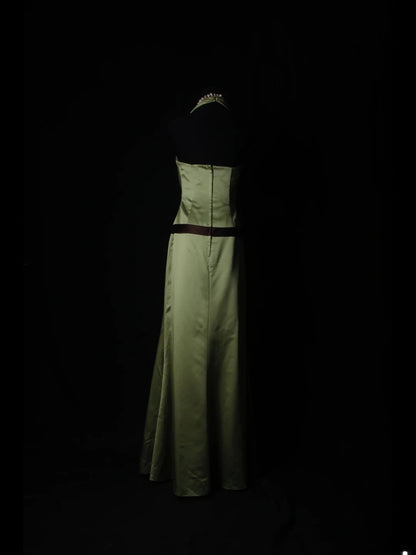 Vintage A line V Neck Green Satin With Pleated Long Bridesmaid Dresses AS225