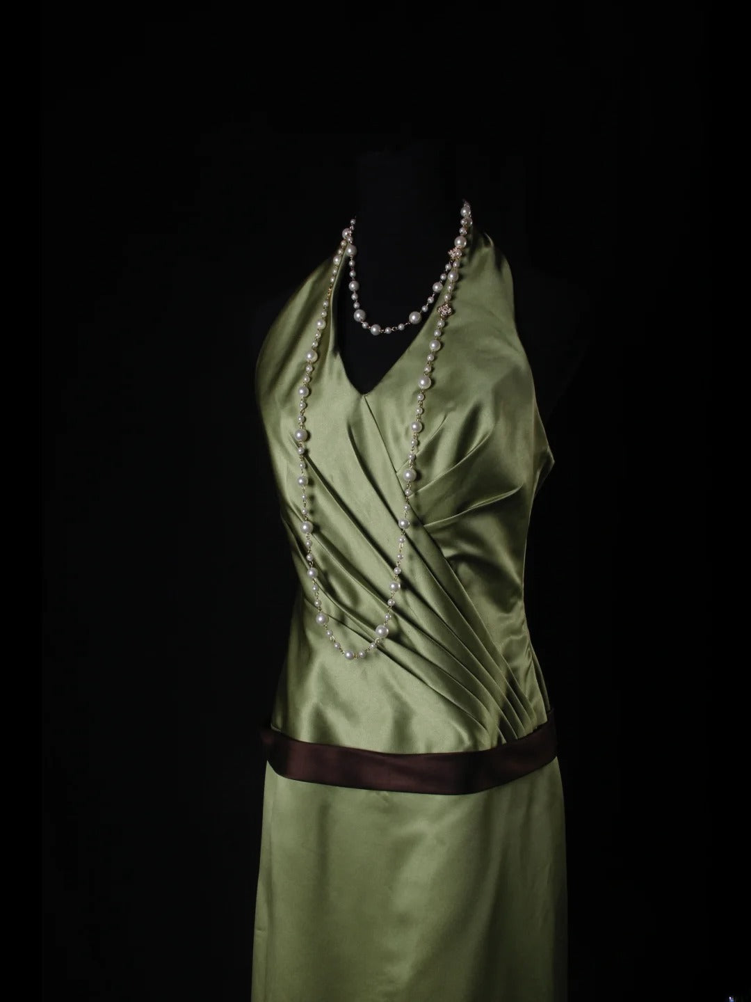 Vintage A line V Neck Green Satin With Pleated Long Bridesmaid Dresses AS225