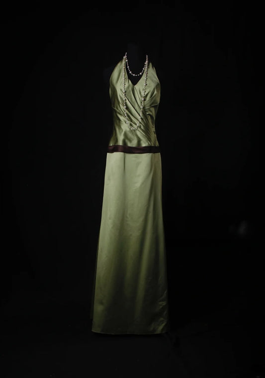 Vintage A line V Neck Green Satin With Pleated Long Bridesmaid Dresses AS225