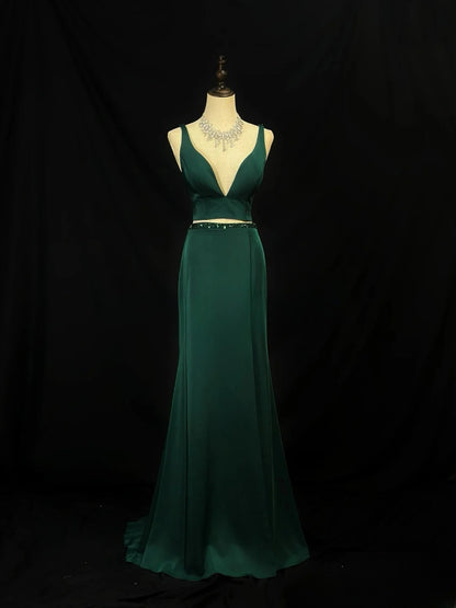 Beautiful Prom Dresses Mermaid 2 Pieces Straps Dark Green Satin With Beading Long Formal Outfits RB6023