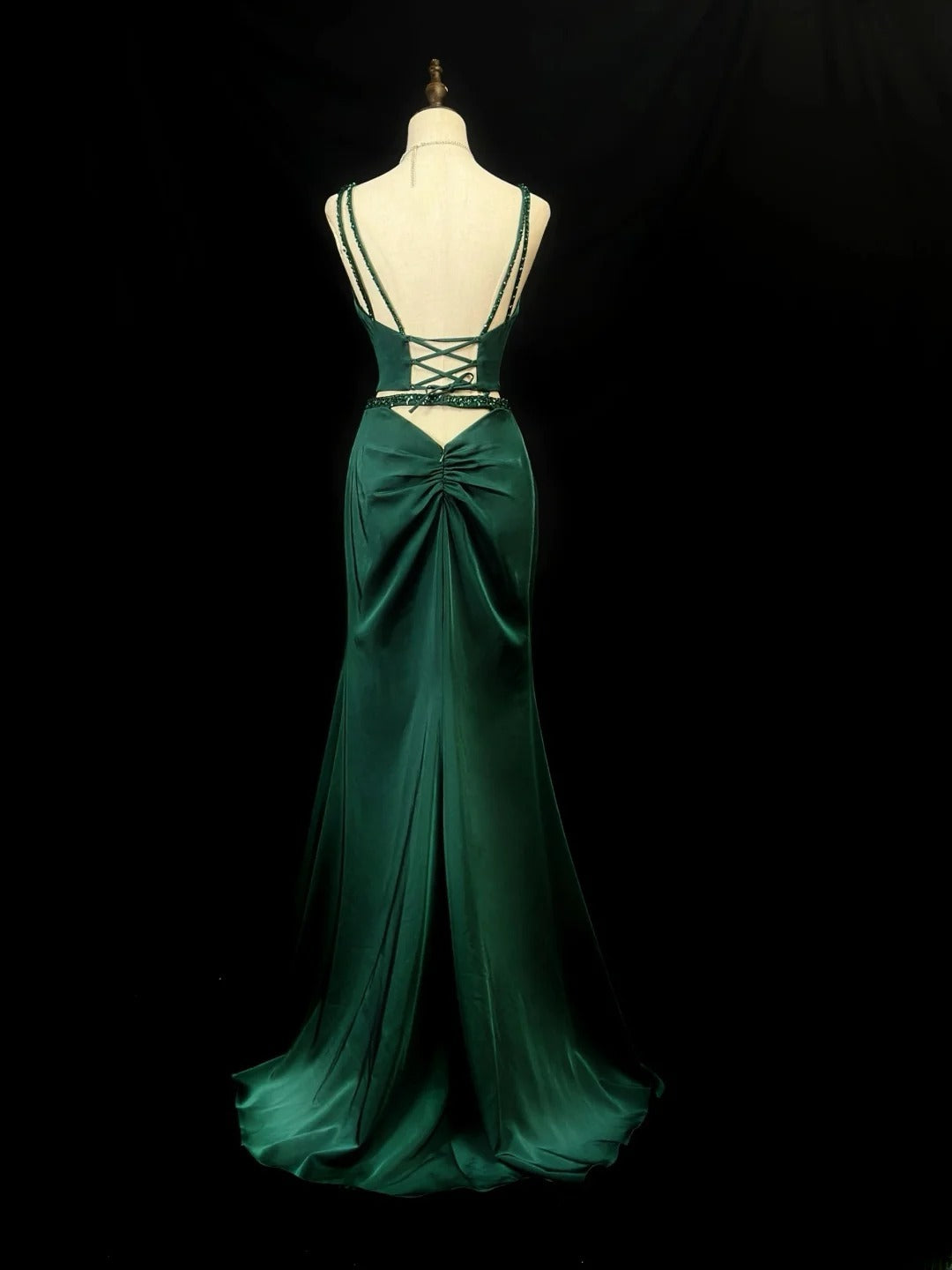 Beautiful Prom Dresses Mermaid 2 Pieces Straps Dark Green Satin With Beading Long Formal Outfits RB6023