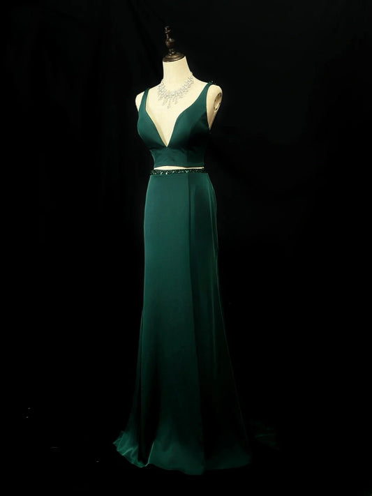 Beautiful Prom Dresses Mermaid 2 Pieces Straps Dark Green Satin With Beading Long Formal Outfits RB6023