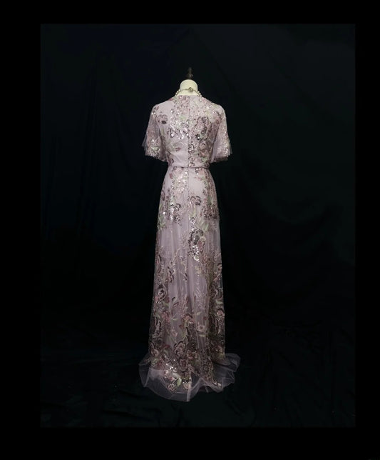 Vintage 90s Prom Dresses A Line V Neck Lilac Sequined With Half Sleeves Long Party Gown Formal Outfits RB6025