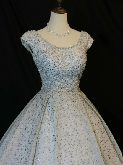 Pretty Ball Gown Boat Neck Sequined Silver Gray With Beading Long 15 Quinceanera Dresses Photo Ideas Formal Outfit RB6026
